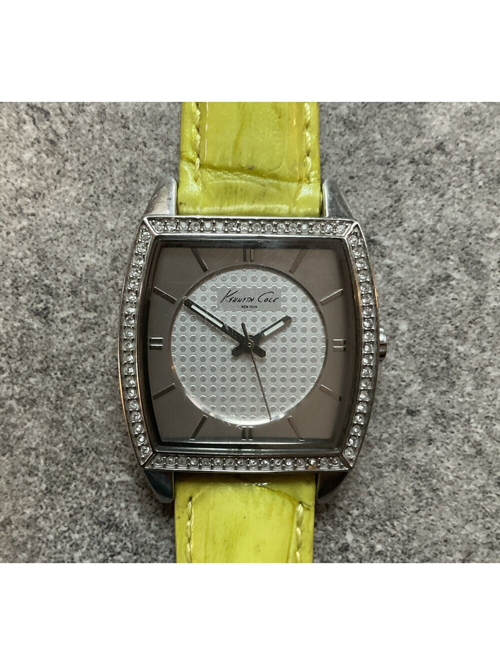 Kenneth Cole Womens Tank Style Watch 28mm Silver Tone Case Crystal Accents A3